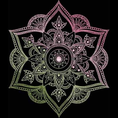 An embroidery design of an intricate mandala featuring layered petals and geometric patterns radiating from a central circle.