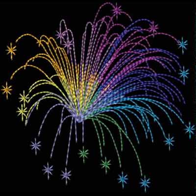 An embroidery design of vibrant fireworks bursting in a rainbow of colors, accompanied by small star-like accents.