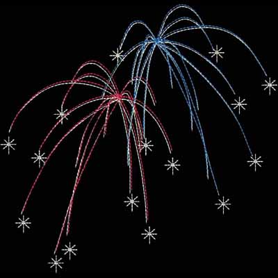 An embroidery design of colorful fireworks in red and blue, accompanied by small star shapes.