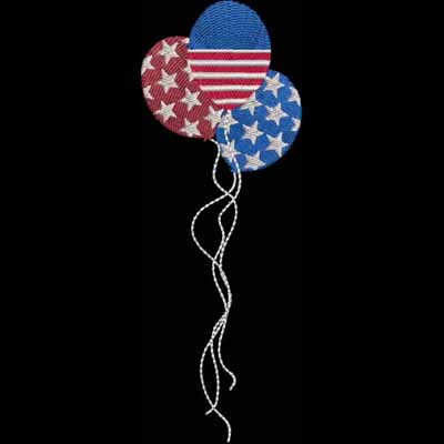 An embroidery design of three balloons featuring patterns of the American flag in red, white, and blue, with elegant white strings.