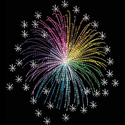 An embroidery design of a vibrant firework explosion, featuring multicolored bursts and sparkling accents.