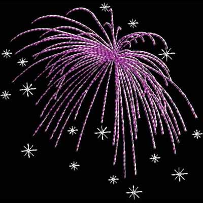 An embroidery design of a vibrant purple firework with cascades of sparkling lines.