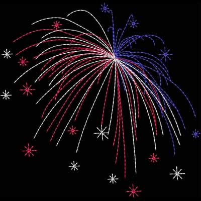 An embroidery design of vibrant firework bursts in red, white, and blue, accompanied by scattered star-like shapes.
