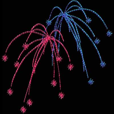 An embroidery design of colorful fireworks in pink and blue, featuring trailing sparks and star-like bursts.