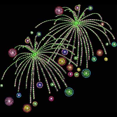 An embroidery design of vibrant fireworks bursting in various colors with intricate circular patterns.