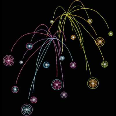 An embroidery design of colorful, spiraling lines and orbs radiating outward, resembling bursts of fireworks.
