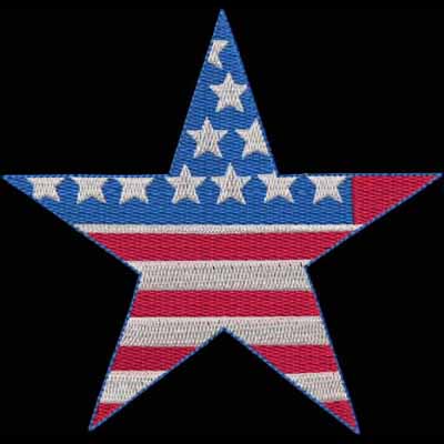 An embroidery design of a star featuring a red and white striped pattern with a blue section adorned with white stars.