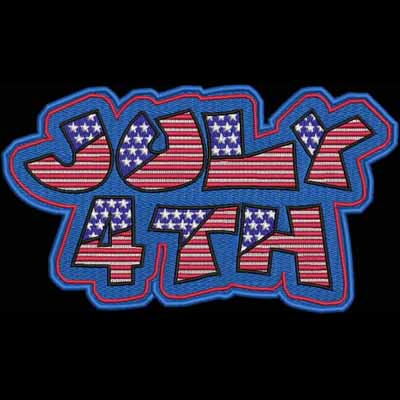 An embroidery design of the phrase "JULY 4TH" displayed in a bold, colorful font featuring a patriotic star and stripe pattern.