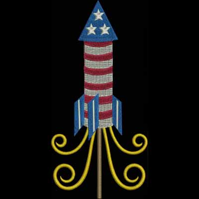 An embroidery design of a rocket featuring red and white stripes with a blue top adorned with white stars, complemented by yellow decorative swirls at the base.