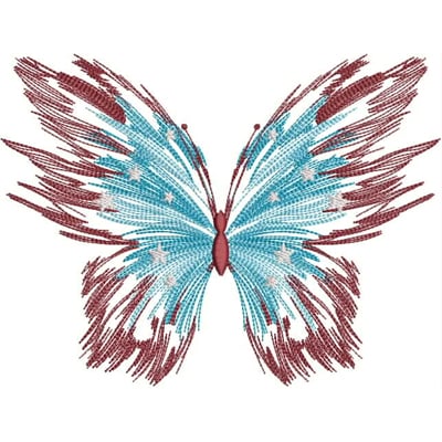 An embroidery design of a vibrant butterfly with intricate turquoise and maroon wings featuring delicate detailing.