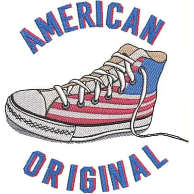 An embroidery design of a high-top sneaker featuring the American flag with the words "AMERICAN ORIGINAL" above and below it.