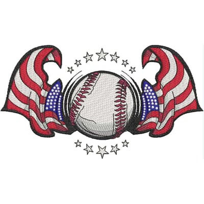 An embroidery design of a baseball surrounded by wings featuring American flag patterns, accented with stars.