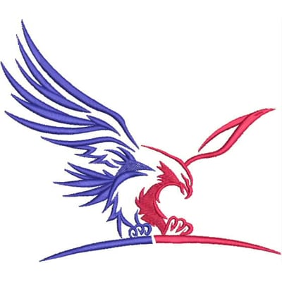 An embroidery design of a stylized eagle with vibrant blue and red wings, poised as if ready to take flight.