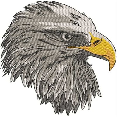 An embroidery design of a detailed eagle's head, showcasing intricate feathers and a striking yellow beak.