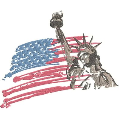 An embroidery design of the Statue of Liberty holding a torch against a backdrop of red and blue brushstroke elements resembling an American flag.