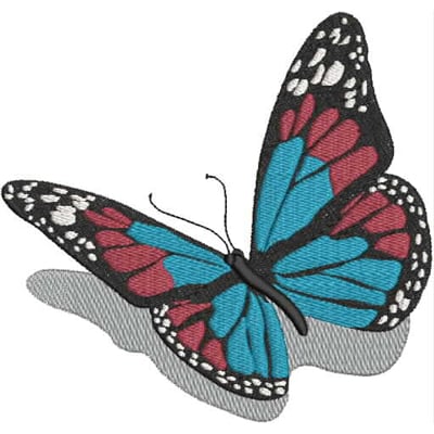 An embroidery design of a vibrant butterfly with blue and red wings adorned with black and white accents.