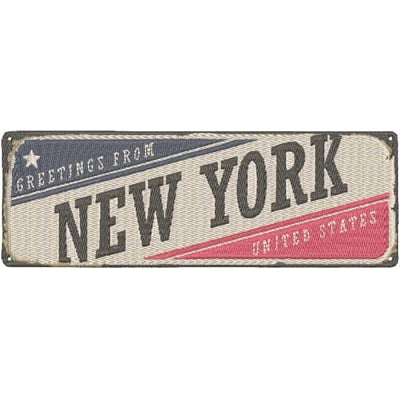 An embroidery design of a vintage-style banner featuring the words "Greetings from New York" with a patriotic color scheme.
