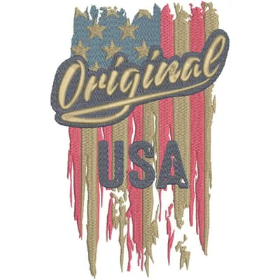 An embroidery design of the word "Original" in a scripted font above the word "USA," set against a distressed American flag background.