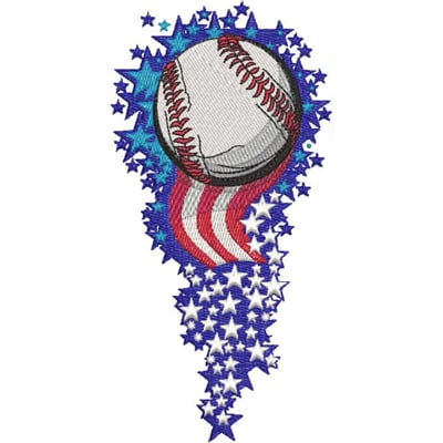 An embroidery design of a baseball surrounded by swirling stars in red, white, and blue.