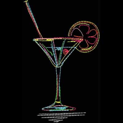 An embroidery design of a colorful cocktail glass garnished with a slice of lemon and a straw.