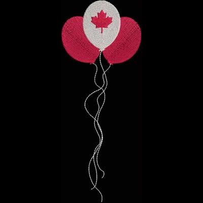 An embroidery design of three balloons, two in red and one with a white background featuring a Canadian maple leaf.