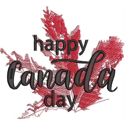 An embroidery design of a red maple leaf with the text "happy Canada day" artistically integrated into the composition.