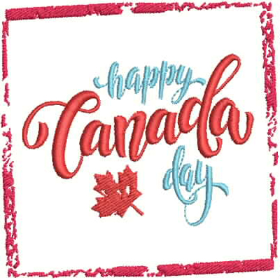 An embroidery design of the phrase "Happy Canada Day" with a red maple leaf accent.