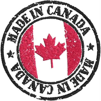 An embroidery design of a circular patch featuring a red and white Canadian flag, bordered by the text "MADE IN CANADA."
