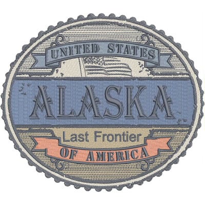 An embroidery design of a circular patch featuring the word "ALASKA" prominently displayed, along with the phrases "United States" and "Last Frontier of America" in decorative lettering.