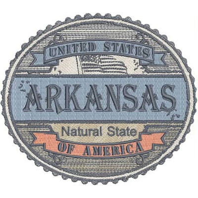 An embroidery design of a circular badge displaying "United States," "ARKANSAS," "Natural State," and "OF AMERICA" in a stylized font.
