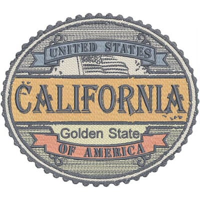 An embroidery design of a circular patch featuring the word "CALIFORNIA" prominently displayed, along with the phrases "Golden State" and "United States of America" in an ornate style.