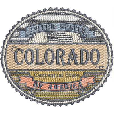 An embroidery design of a vintage-style badge featuring the text "Colorado," "United States," "Centennial State," and "Of America" in a circular layout.