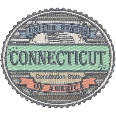 An embroidery design of a circular patch featuring the text "Connecticut," "Constitution State," and "United States of America," complemented by decorative elements.