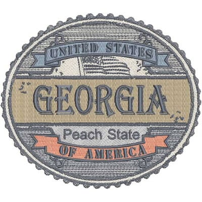An embroidery design of a badge featuring the word "Georgia" prominently displayed, along with the phrases "Peach State" and "United States of America" in a circular format.