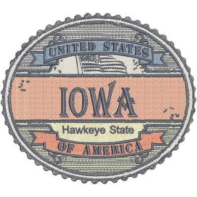 An embroidery design of a circular patch featuring the text "Iowa," "Hawkeye State," and "United States of America" in a vintage style.