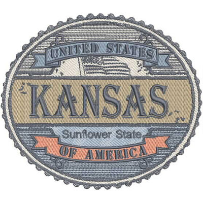 An embroidery design of a circular patch featuring the word "Kansas," the phrase "Sunflower State," and decorative elements representing the United States.