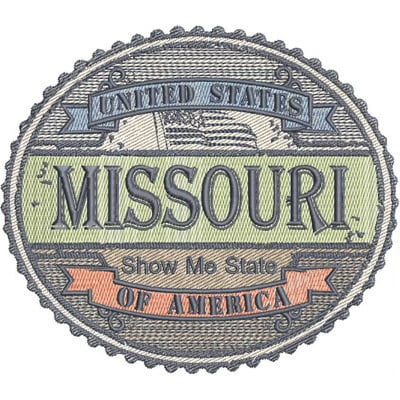 An embroidery design of a circular patch featuring the word "Missouri" prominently, along with the phrases "Show Me State" and "United States of America" in a textured, decorative style.