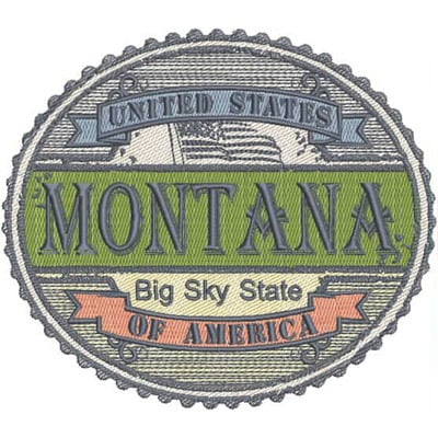 An embroidery design of a circular badge featuring the text "Montana," with decorative elements highlighting the phrase "Big Sky State" and "United States of America."