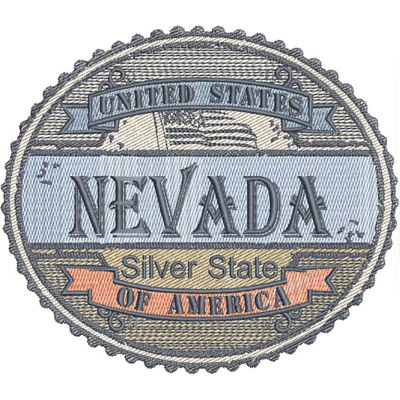 An embroidery design of a circular patch featuring the words "Nevada," "Silver State," and "United States of America" in an ornate, layered style.