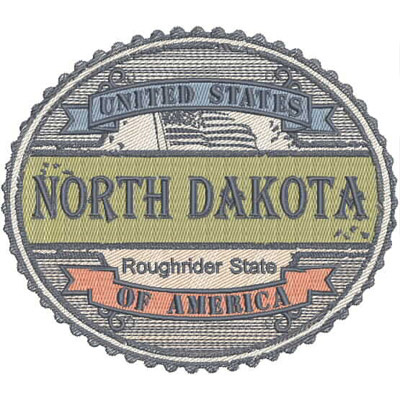 An embroidery design of a circular patch featuring "North Dakota" prominently in the center, surrounded by "United States" and "Roughrider State of America" banners in a layered style.