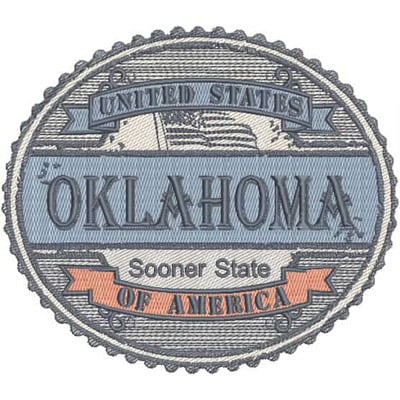 An embroidery design of a circular patch featuring the text "Oklahoma," "United States," and "Sooner State of America," all accented with decorative elements.