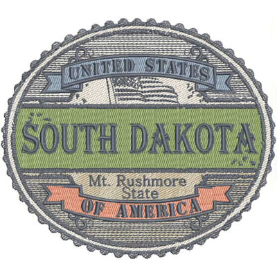 An embroidery design of a circular patch featuring the text "South Dakota" prominently displayed, surrounded by decorative elements and colors representing the state.