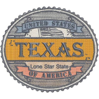 An embroidery design of a round patch featuring the word "TEXAS" prominently, along with the phrases "Lone Star State" and "United States of America" in a decorative style.