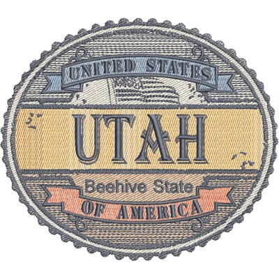 An embroidery design of a round patch featuring the text "UTAH," "Beehive State," and "United States of America" in a vintage style with decorative elements.