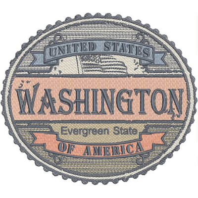 An embroidery design of a circular patch featuring the text "Washington," along with "United States" and "Evergreen State of America."