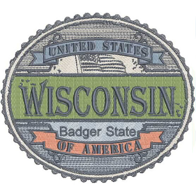 An embroidery design of a circular patch featuring the words "United States," "Wisconsin," "Badger State," and "America," arranged in a decorative style with varying colors.
