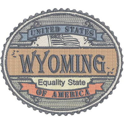 An embroidery design of a circular patch featuring the text "Wyoming," "Equality State," and "United States of America," adorned with decorative elements and colors.