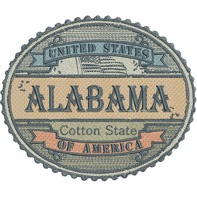 An embroidery design of a vintage-style patch featuring the word "ALABAMA" prominently displayed, along with the phrases "Cotton State" and "United States of America" in an ornate format.
