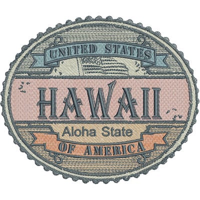 An embroidery design of a patch featuring the words "HAWAII," "Aloha State," and "United States of America" in a circular format with decorative elements.