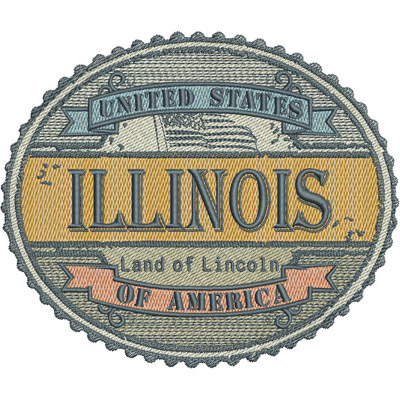 An embroidery design of a circular patch featuring the text "ILLINOIS" prominently displayed, along with "United States" and "Land of Lincoln" in decorative elements.